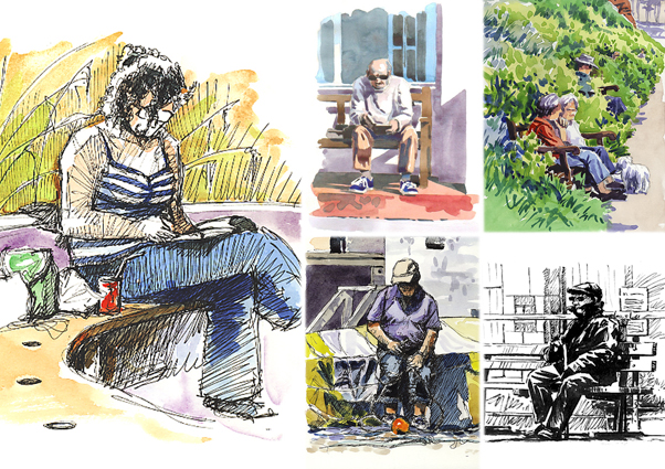 Sketches of people sitting.