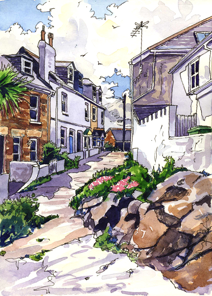 Pen and wash sketch of a St Ives backstreet