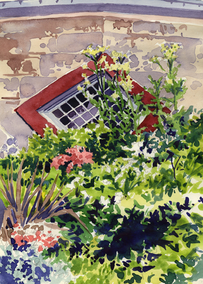 Watercolour sketch of the garden at A la Ronde