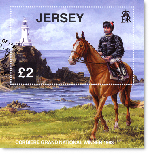 Oil painted artwork on a Jersey Stamp showing the racehorse Corbiere along side Corbiere Lighthouse.