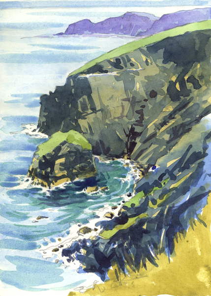 Watercolour sketch looking down the Cornish cliffs to Gull Rock.
