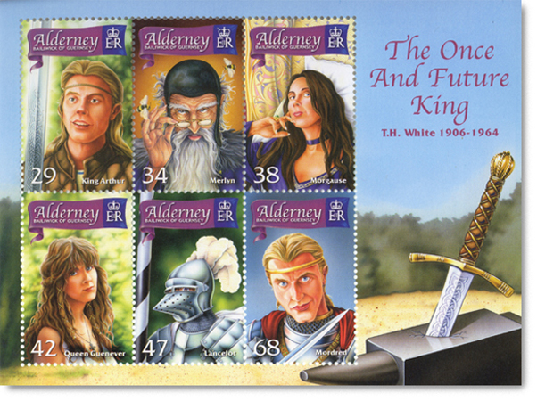 Six Alderney Once & Future King postage stamps on a sheet with an illustration of a sword in an anvil.