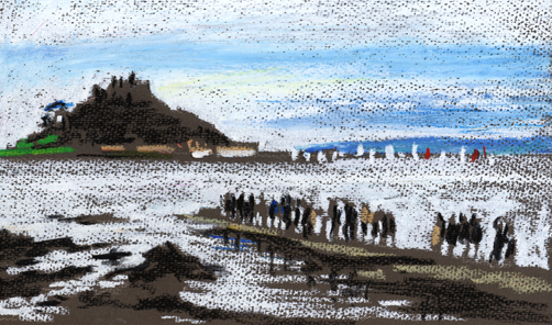 Oil pastel sketch of people waiting for the ferry at Marazion