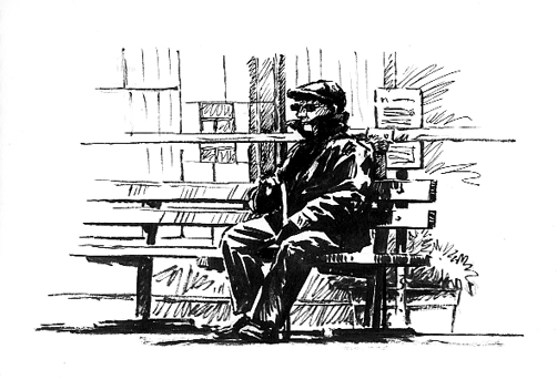 Pen sketch of a man waiting on Topsham Station with his 'Collar Up'
