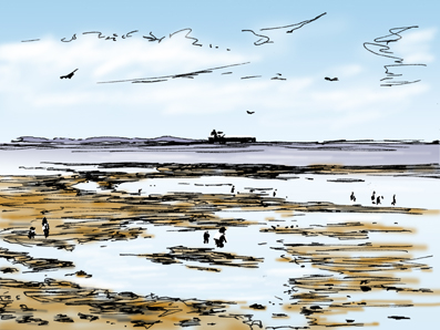 Pen sketch with digital colouring, Low Tide