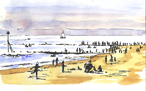 Watercolour and Pen sketch of lots of people on Maer Rocks