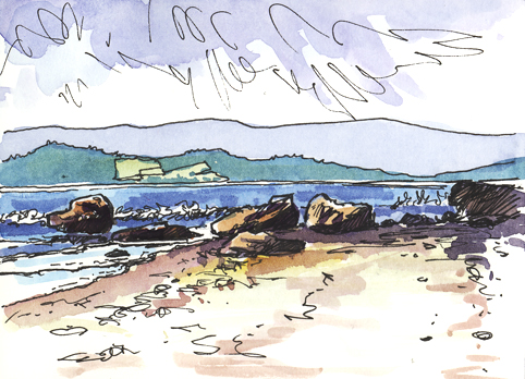 Pen and Watercolour sketch at Rodney Point, Exmouth Beach
