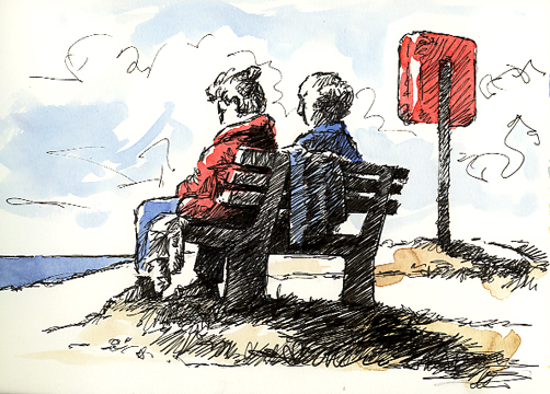 Pen and watercolour sketch, two people sat on a bench, 'Watching the Sea'
