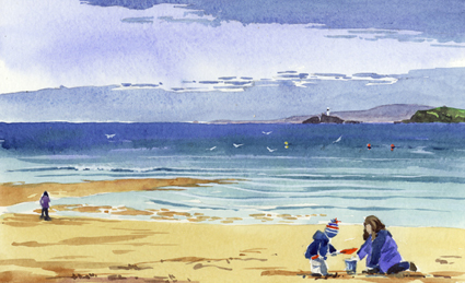 Watercolour sketch of Digging on the beach at St Ives