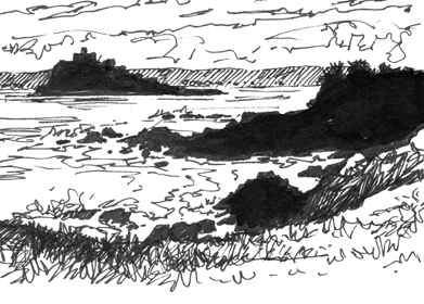 Pen sketch of low tide at St Michael's Mount