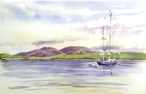 Watercolour sketch of a yacht anchored off Vatersay, viewed from Castle Bay, Barra.