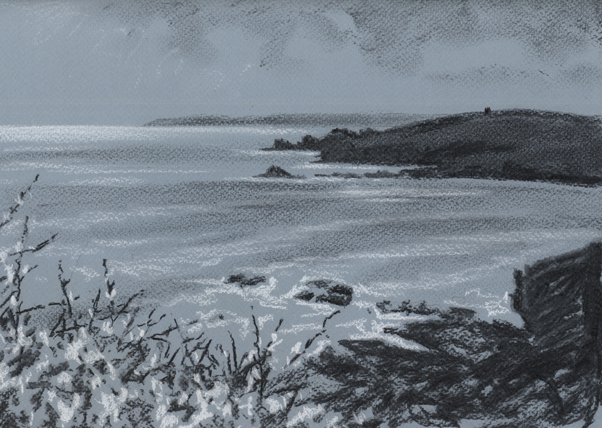 Charcoal and pastel sketch looking across Prussia Cove