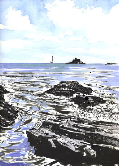 Dip pen sketch with watercolour added of Prussia Cove .