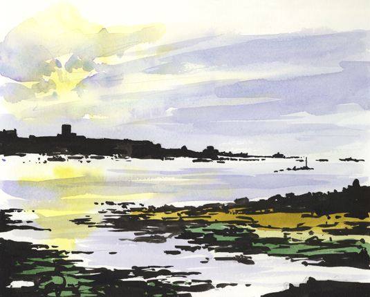 Watercolour and Black ink sketch with a sinking evening sun.