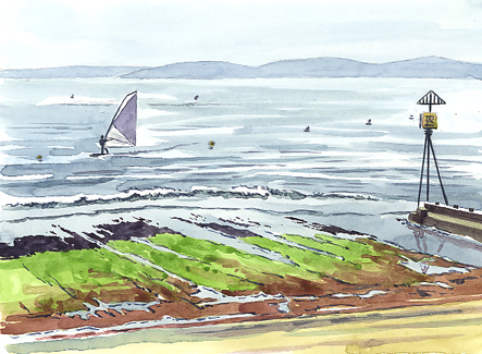 Watercolour sketch of a windsurfer 'Riding the flood tide.'