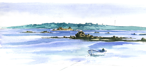 Watercolour sketch of Crow Sound from St Martin's.