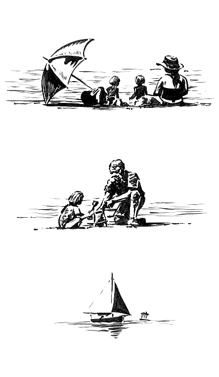 Pen sketches of people on the Exmouth beach.