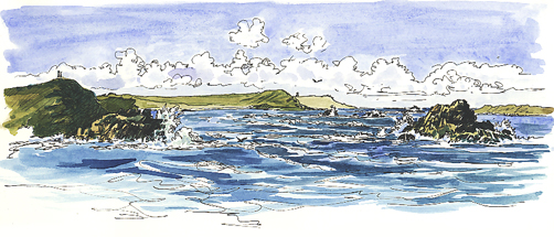 Watercolour and pen sketch of Wave tossed St Martins Bay