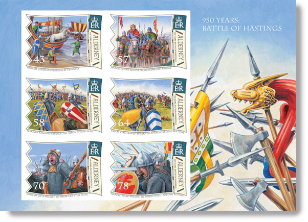 Souvenir Sheet of the six Alderney Hastings Stamps with an illustration of a clash of arms and banners.