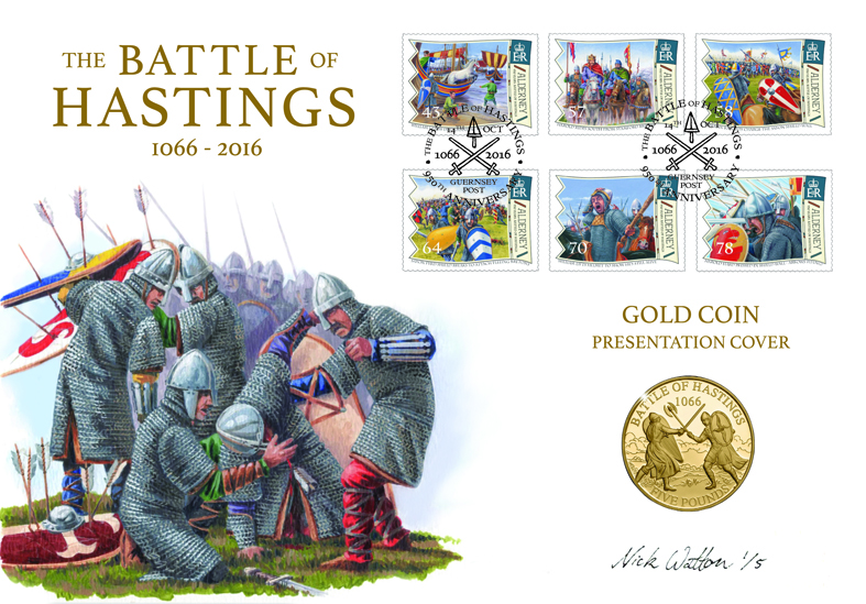 Westminster Collections First Day Cover with Hastings Stamp & Coin and a illustration of the death of King Harold.