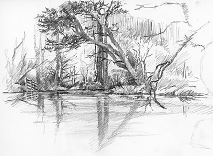 Pencil sketch at Bystock Pools