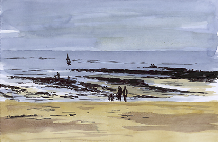 Watercolour and Pen sketch, On Exmouth beach