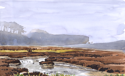 Watercolour sketch, The Otter in the mist at Budleigh Salterton