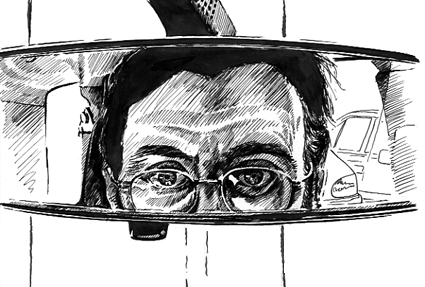 Pen sketch of Nick Watton staring at himself in a car mirror.