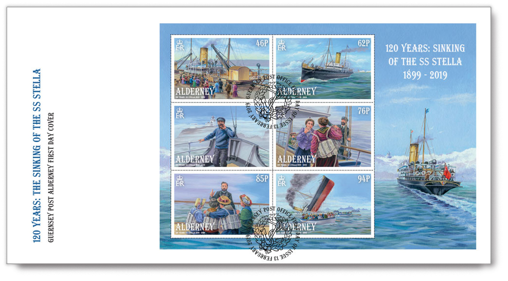 First Day Cover, with the Souvenir Sheet for the Sinking of the SS Stella postage stamps.