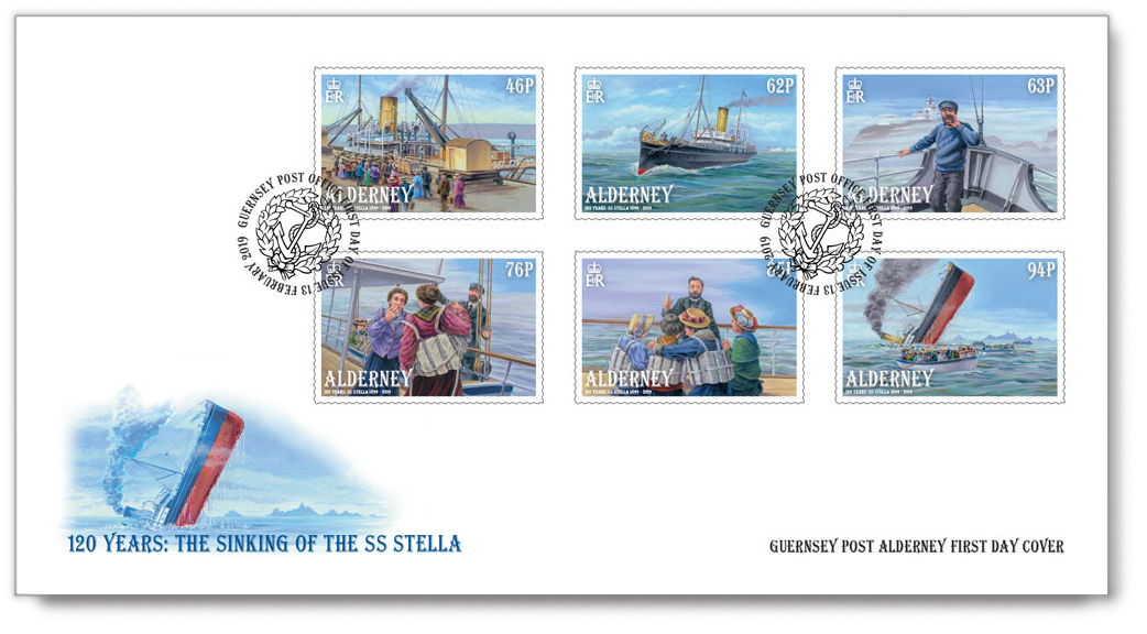First Day Cover with the six Alderney postage stamps for the Sinking of the SS Stella.