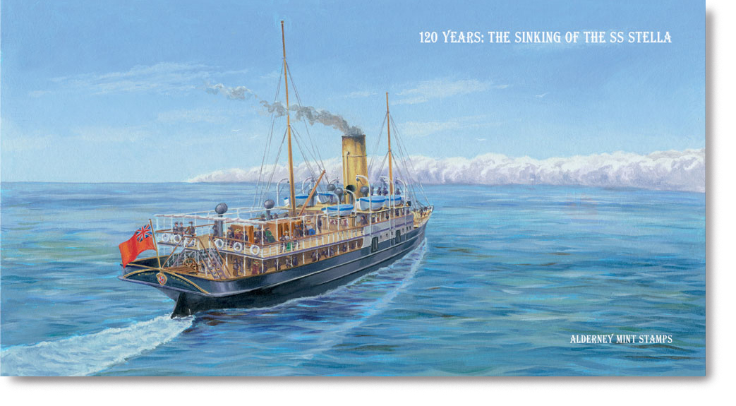 Postage stamp Presentation Pack with an illustration of the SS Stella sailing along.