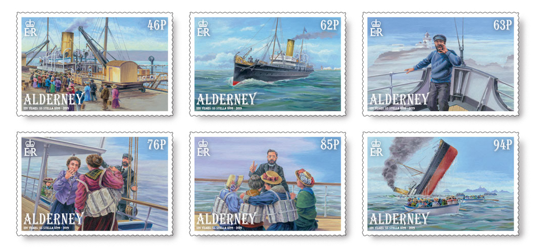 Six Alderney postage stamps showing the sinking of the SS Stella.