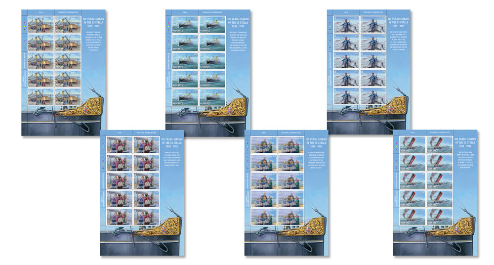 Six SS Stella postage stamp 'sheets of ten.'