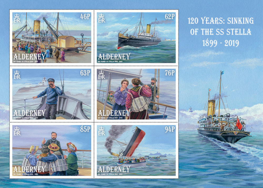 Six postage stamps on a Souvenir Sheet with a small illustration of the SS Stella sailing along.