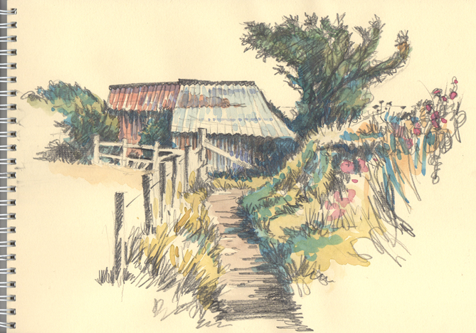 Pencil and watercolour sketch of an Old Barn on the Cornish Coast Path.