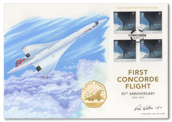 Concorde First Day Cover with four postage stamps, a coin and an illustration of the plane flying above the clouds.