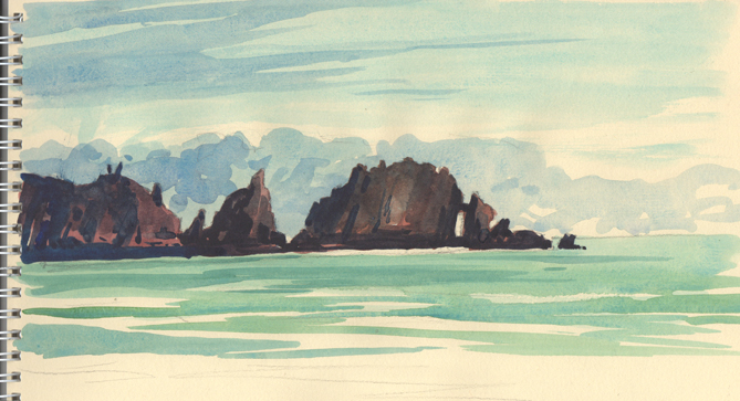 Watercolour sketch of the Merope Rocks at Trevose Head.
