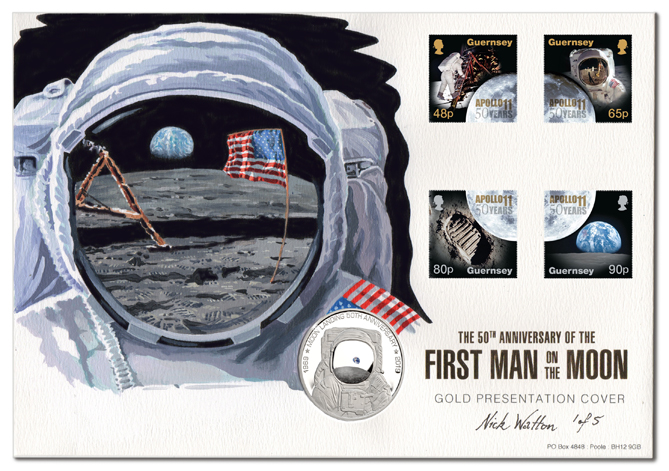 Moon Landing First Day Covers with four postage stamps, coin, with an illustration of an Astronaut with the flag, Lander and Earth reflected in his visor.