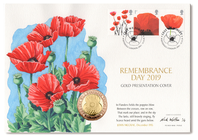Remembrance First Day Cover with a coin and three postage stamps and a watercolour illustration of Poppys