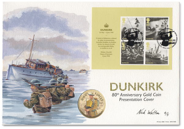 Oil painting on a First Day Cover of Dunkirk soldiers wading out to a small boat.