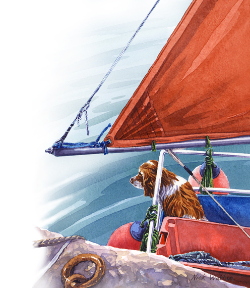 Watercolour painting of a dog sitting quietly in the back of a fishing boat.