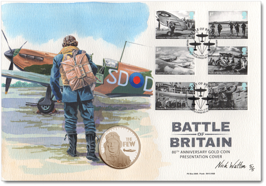 Painted First Day Cover for the 80th Anniversary of the Battle of Britain, with six stamps and coin.