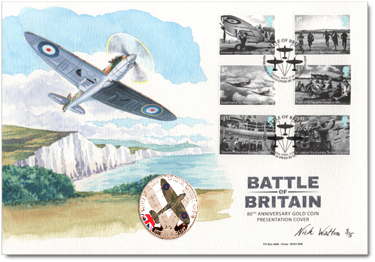 Painted First Day Cover for the 80th Anniversary of the Battle of Britain, with six stamps and coin.