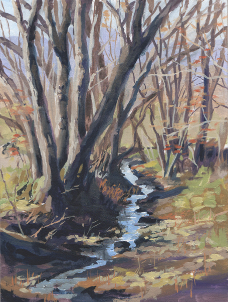 Oil painting of a stream flowing through winter trees.