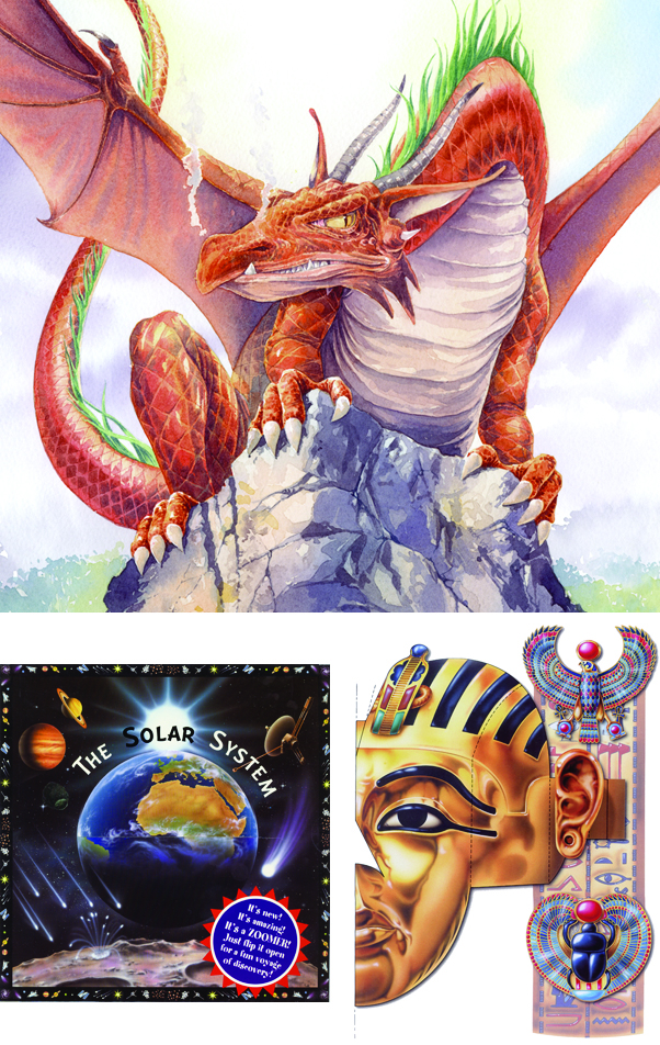 Three illustrations showing a Dragon, Solar System Cover and Tutankhamun's Death Mask.