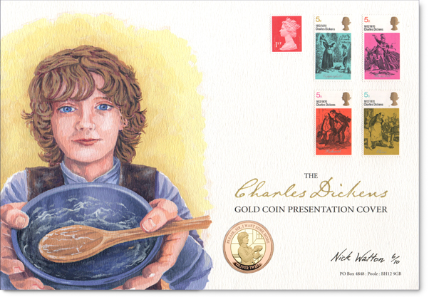 Oil painting of a child with his bowl on a Charles Dickens First Day Cover.