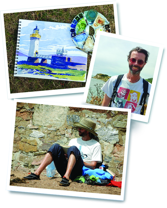 Two photos of artist Nick Watton, plus one of his sketchbook and palette.