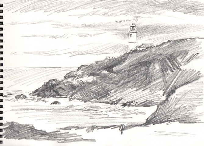Pencil sketch of Trevose Head with the Lighthouse on it.
