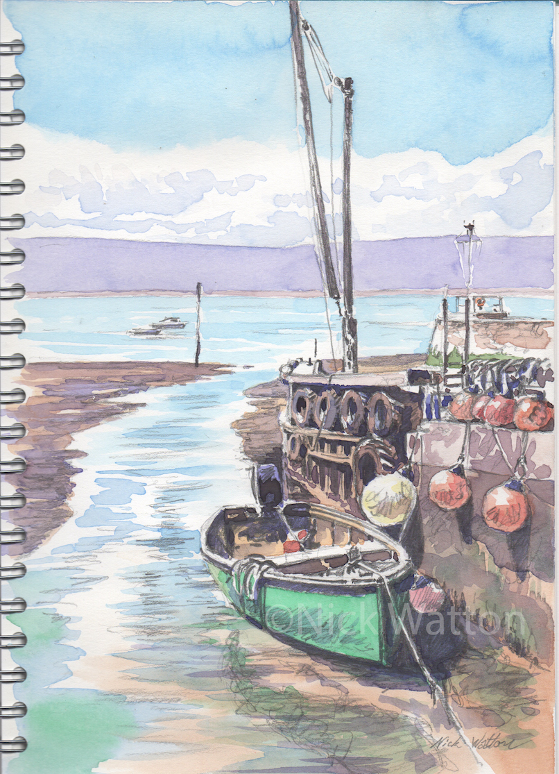 Watercolour sketch looking out of Lympstone Harbour, with a boat and crane.