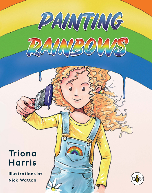 Book cover with a young girl painting rainbows across the top.